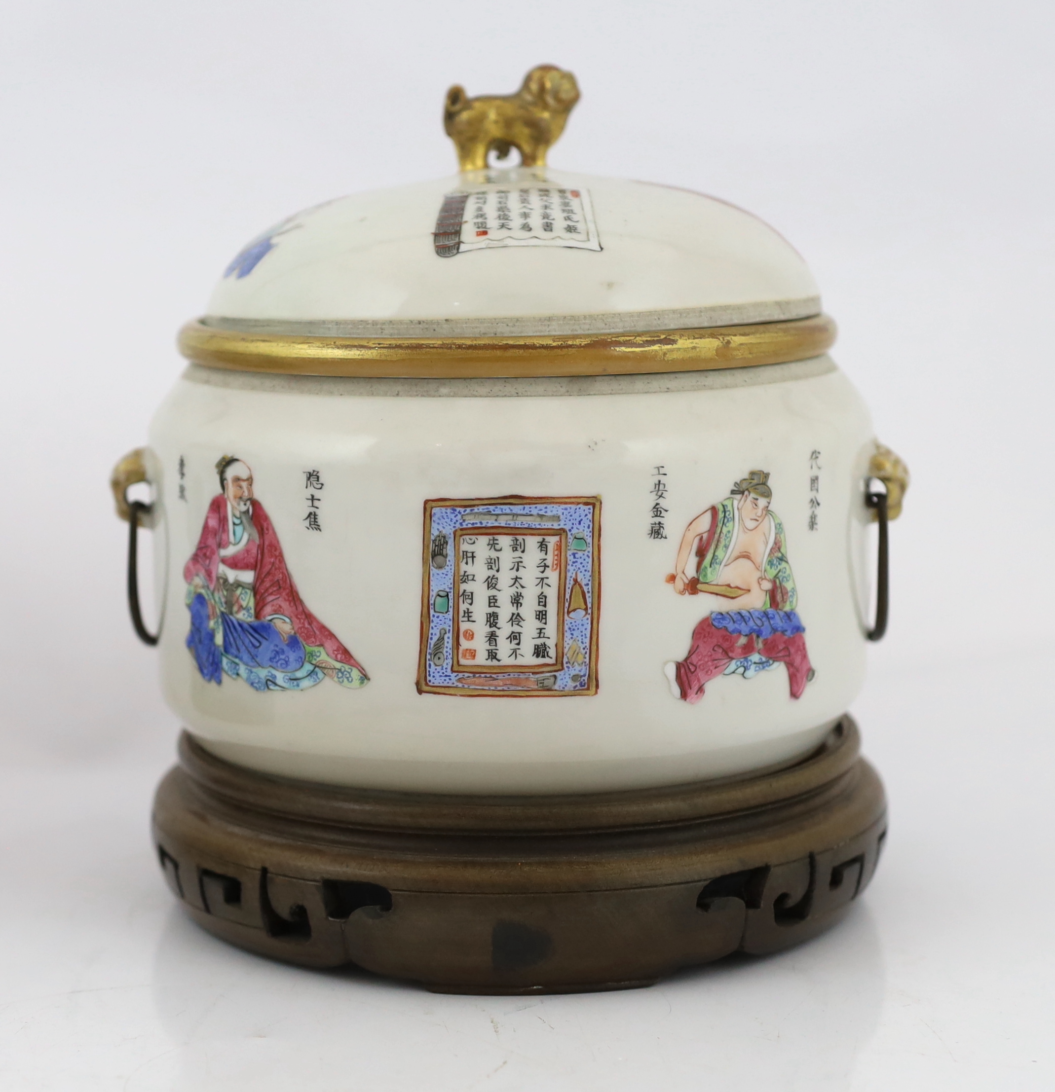 A pair of Chinese famille rose 'Wu Shuang Pu' porridge pots, liners and covers, Daoguang seal marks and of the period (1821-50), star crack to one base